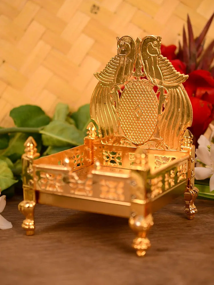 Collectible India Metal Gold Plated ladoo Gopal Singhasan Pooja Chowki mandir for God Thakur Puja Idol Peacock Design Decoration Items 
