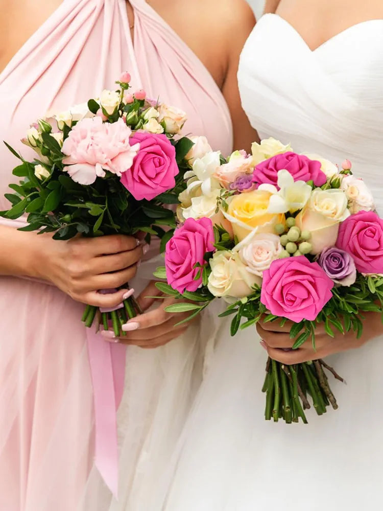 MACTING Artificial Flower Roses 30PCS Real Touch Spring Fake Flowers with Stem Fuchsia Foam Roses for Wedding DIY Bouquets Table Centerpieces Party Bridal Shower Holiday Home Decorations