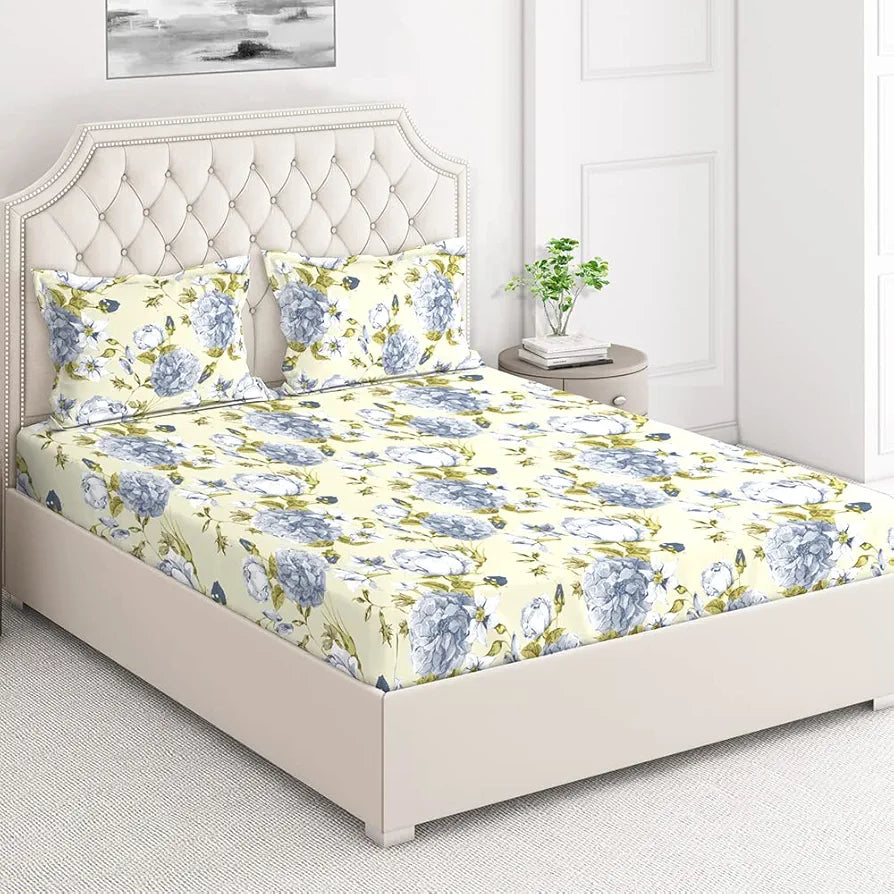 Layers Classic 100% Cotton Bedsheet Set for All Seasons - Lightweight, Moisture Absorbent, Machine Washable & Easy to Care - 104 TC - Queen Size 