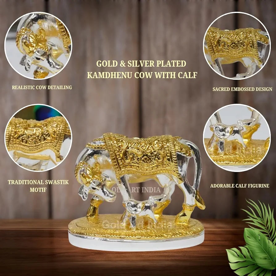 Gold Art India Om Kamdhenu Cow with Calf Idol  Gold Silver Plated for Home Decor | Gaay Bachda Cow and Calf for Vastu | Positive Energy | Wealth | Diwali Puja | Housewarming 2.2 Inch