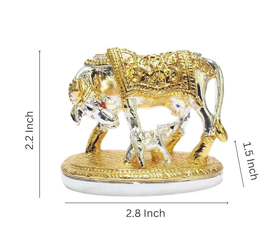 Gold Art India Om Kamdhenu Cow with Calf Idol  Gold Silver Plated for Home Decor | Gaay Bachda Cow and Calf for Vastu | Positive Energy | Wealth | Diwali Puja | Housewarming 2.2 Inch