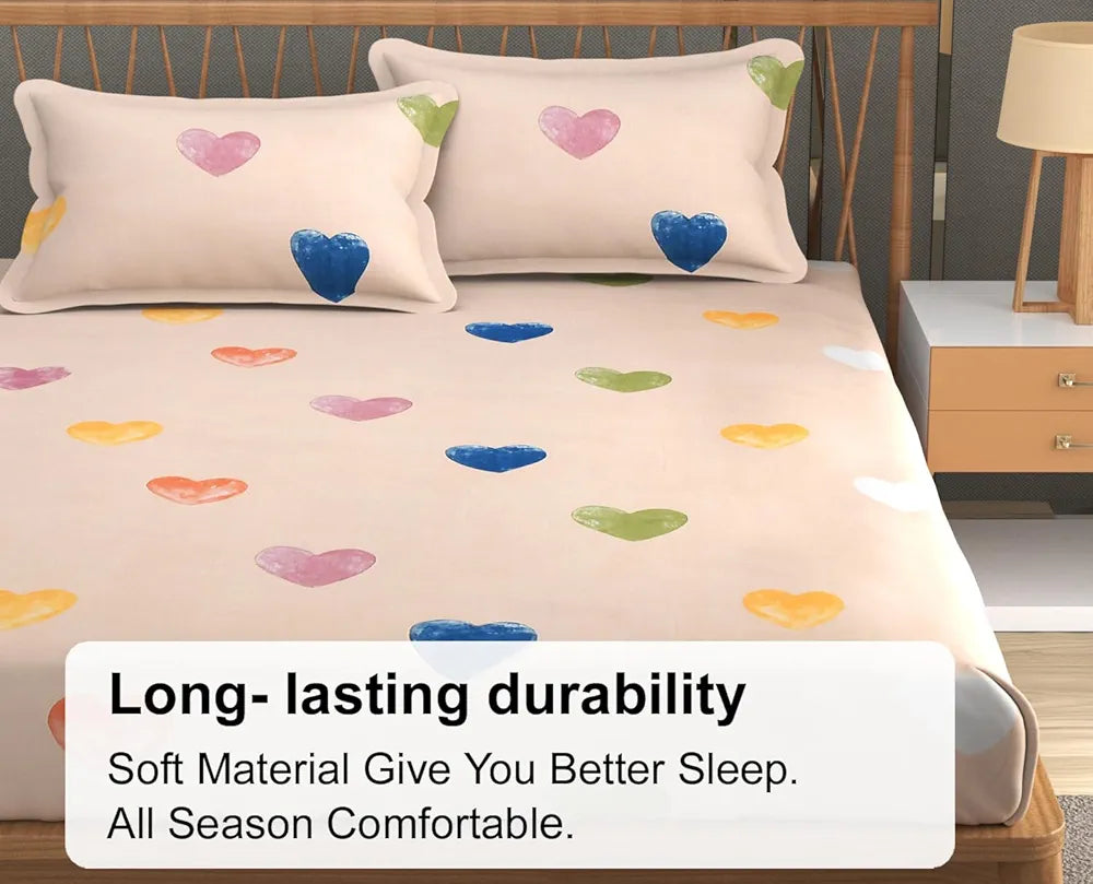 FRESH FROM LOOM Floral Print 240 TC King Size Fitted Bedsheet Set - Microfiber, Anti Fade, Includes 2 Pillow Covers  | Heart-Brown)