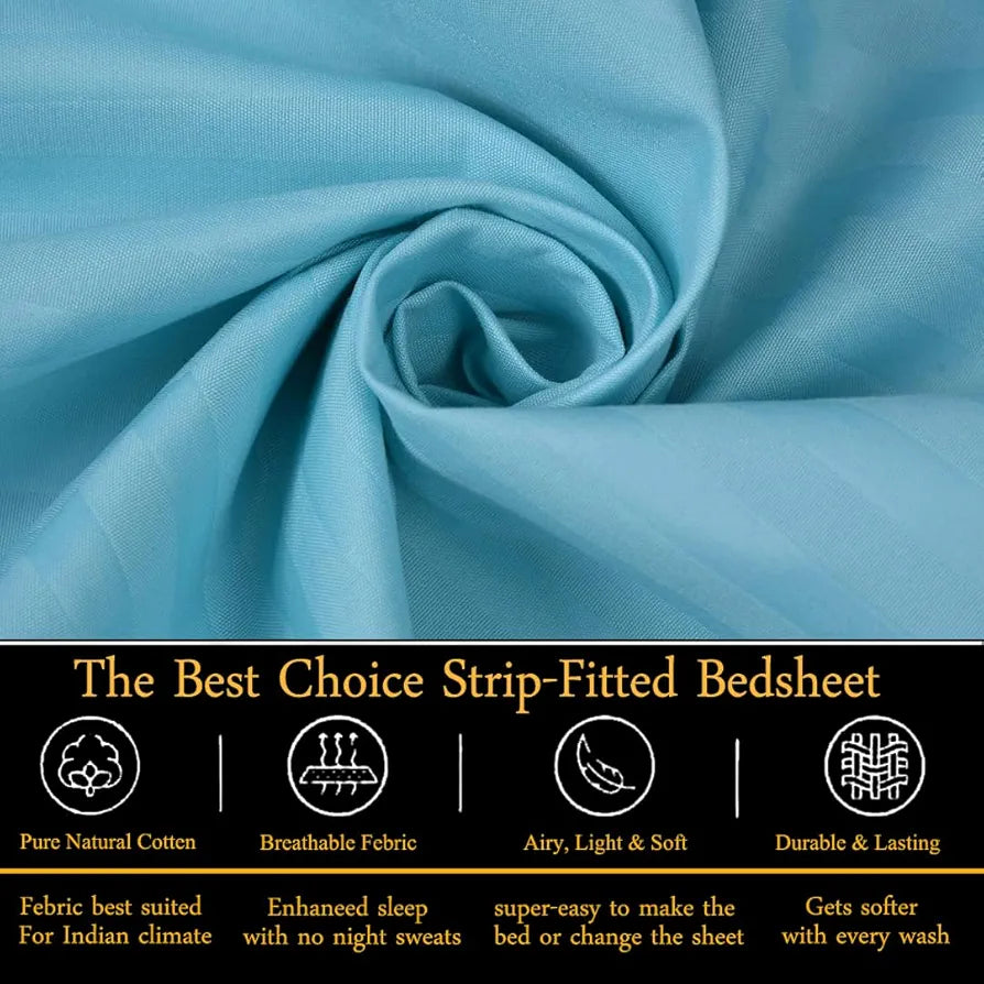 FRESH FROM LOOM Satin Striped Soft Fitted Bedsheet King Size Bed with Two Pillow Cover|Bed Covers for Mattresses Tuck in|Elastic Fitted Bed Sheets |,240 TC,Blue