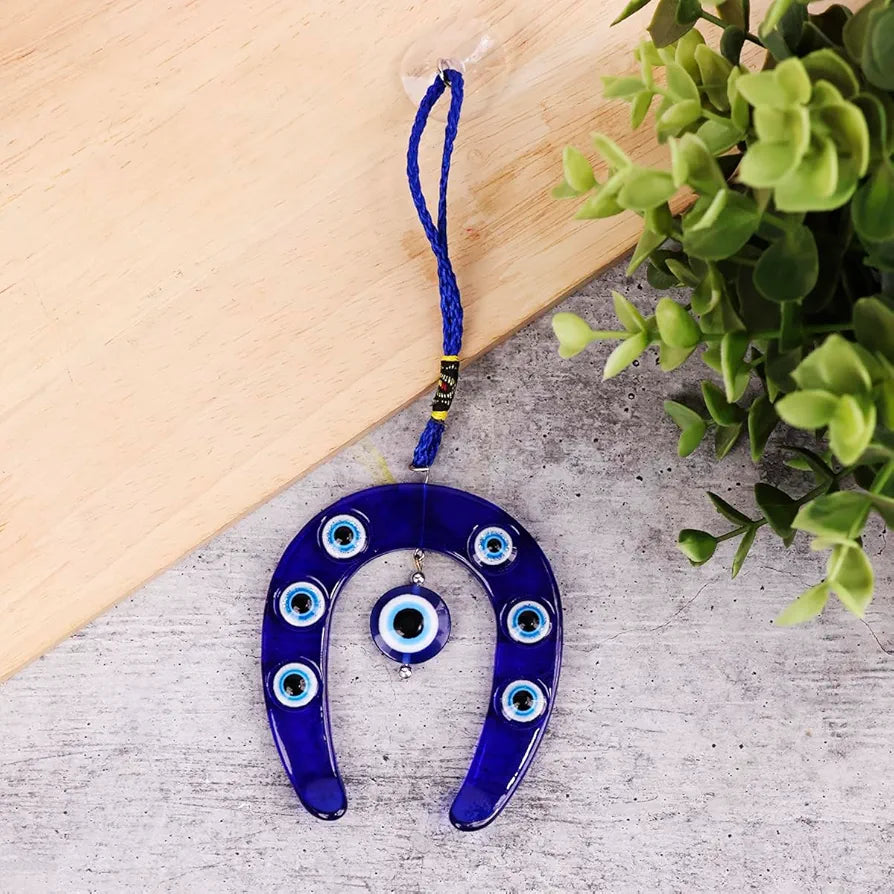Shubhanjali Glass Blue Evil Eye Ghode Ki Naal Hanging For Main Door Entrance Turkish Evil Eye Horseshoe For Wall Hanging Car Home Décor,6 Cm
