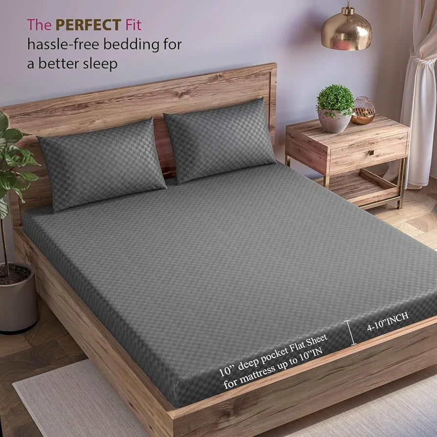 Trance Home Linen Premium Skin Friendly 100% Cotton Jacquard Weave Fitted Bedsheet for King Size Bed with 2 Pillow Cover - 300TC 