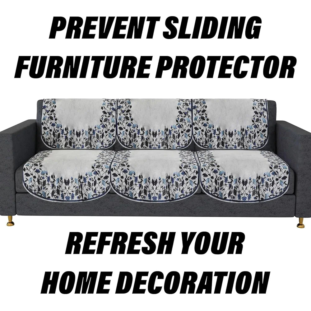 Kuber Industries Velvet 5 Seater Couch Cover - Blue Digital Leaf Sofa Slipcover for Living Room - Gray