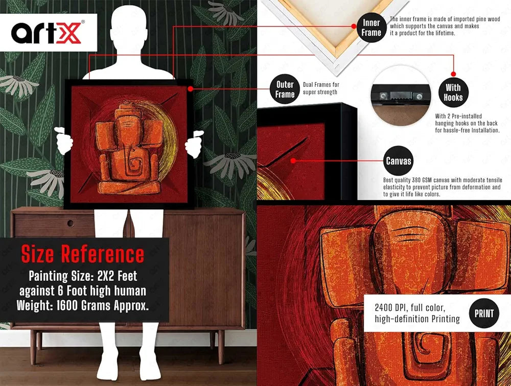 ArtX Swastik Ganesh Ji Big Canvas Painting For Living Room With Frame, Multicolour, Square, 24.0 x 24.0 inch, 2x2 Feet, Set Of 1