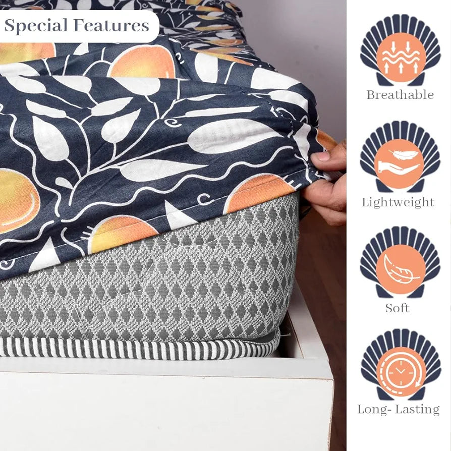 Divine Casa 144 TC 100% Cotton Deep Cobalt Floral King Size Elastic Fitted Bedsheet with 2 Pillow Covers | Elegant Double Bed Set for Bedroom -  cm