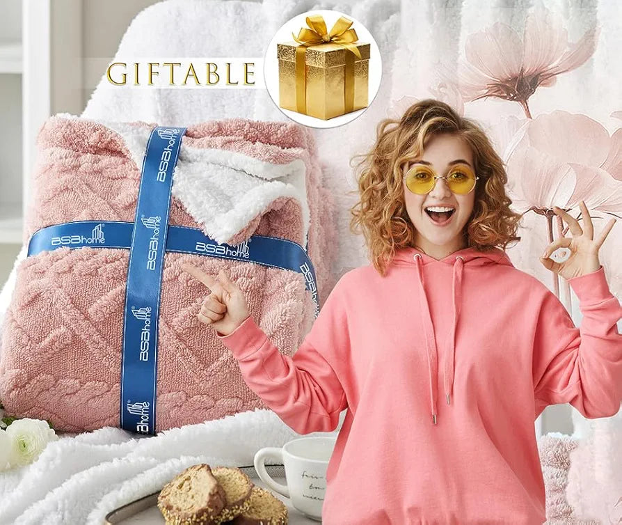 Flannel with Sherpa Luxurious Super Soft Fluffy Cozy Fuzzy Warm Reversible Double Bed Blanket for Winter 500GSM Blanket/Quilt Rajaai - Color- Pink, 230 x 220 Cm, Weight- 3kg