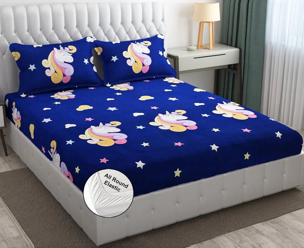 FRESH FROM LOOM 300 TC Glace Cotton Wrinkle Free Soft Elastic Fitted Bed Sheet|Cartoon Printed Bedsheets King Size For Kids With 2 Pillow Cover |Dinosaur/Blue)