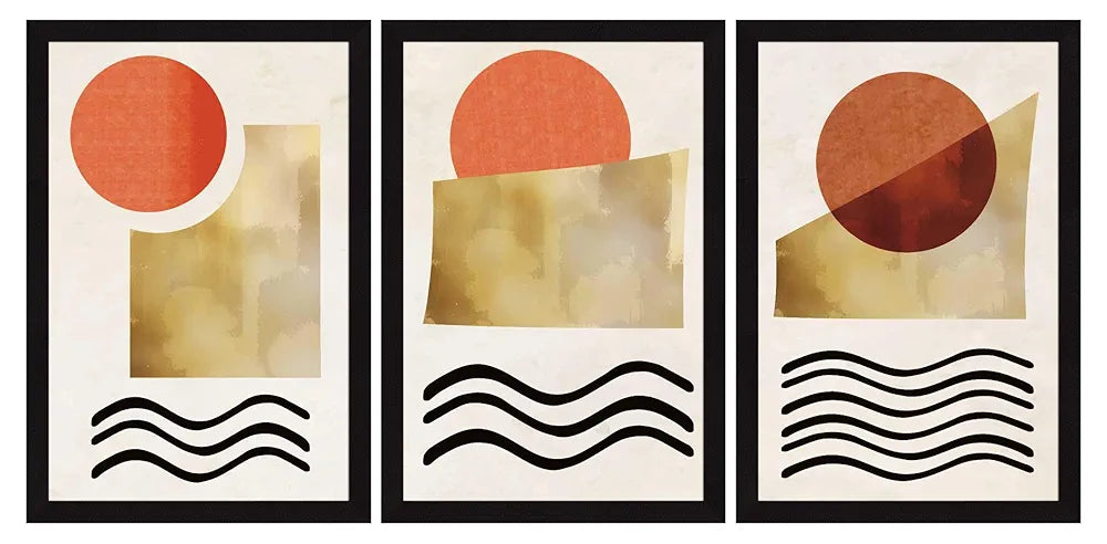 ArtX Paper Boho Landscape Aesthetic Wall Painting For Living Room, Drawing Room, Decoration Big Size, Framed Painting for Wall Decoration, Wall Decor For Bedroom, 36.0 x 18.0 inches, Set Of 3