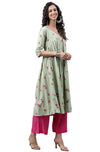 Janasya Women's Light Green Cotton Floral Printed Flared Kurta