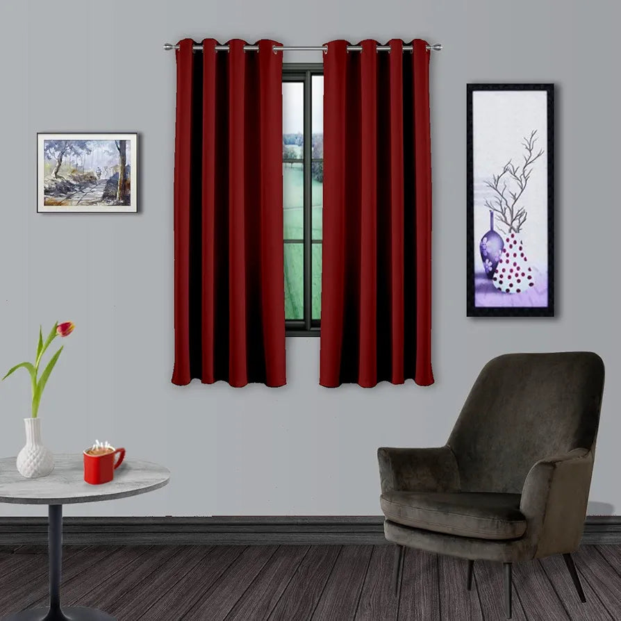 Divine Casa Super Satin Blackout Window Curtains Pack of 2 | Solid Panels for Complete Light Block | Size 5 Feet | Silky Touch & Thermal Insulation | Cherry Red