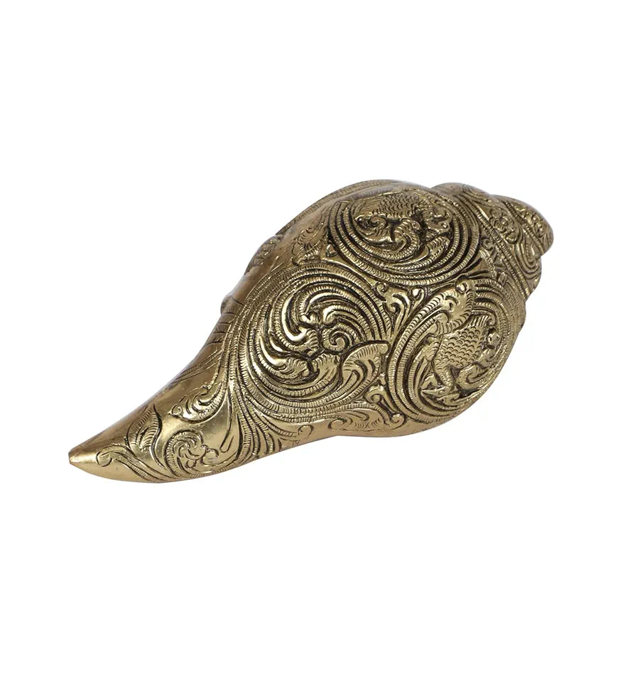 Two Moustaches Brass Shankh with Vishnu Carving