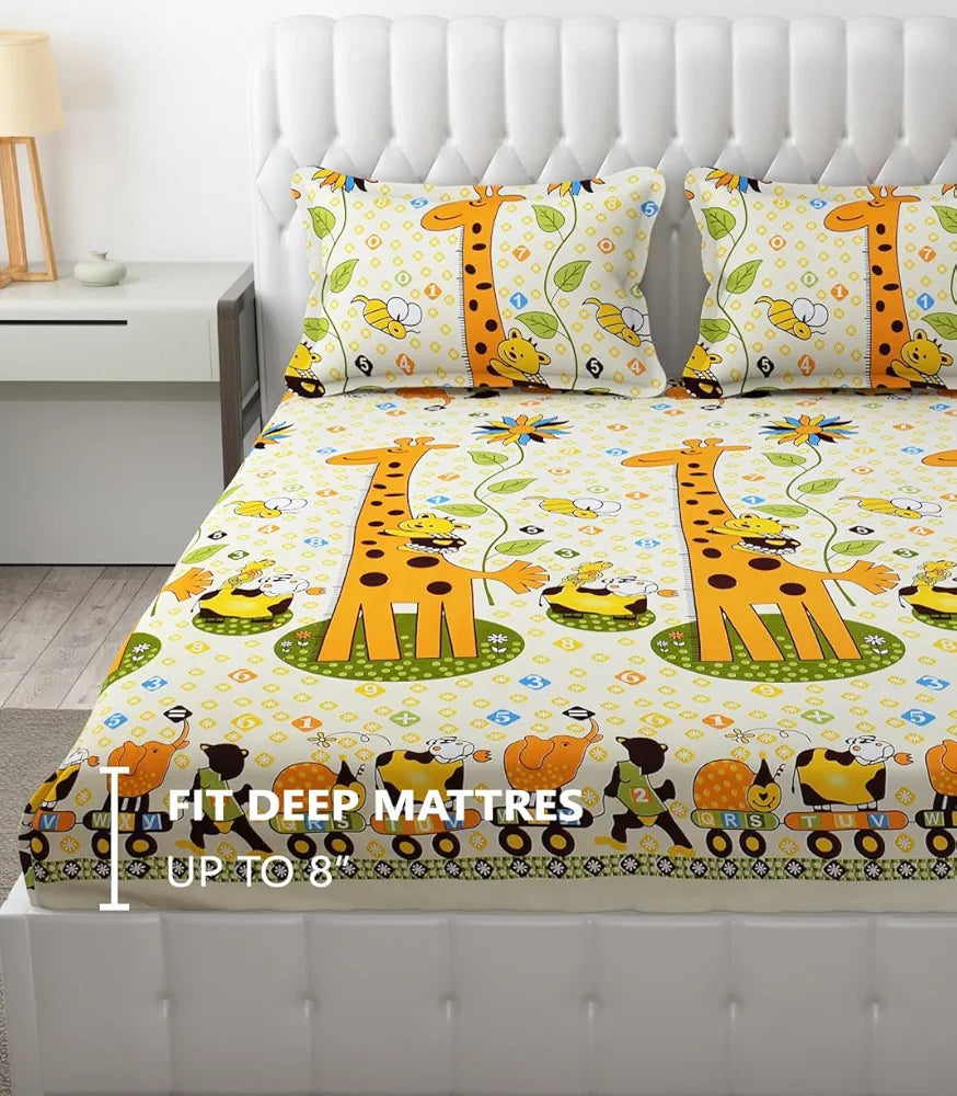 FRESH FROM LOOM Elastic Fitted Bed Sheets|Soft Glace Cotton 300 tc Fitted Bedsheet King Size Bed With Two Pillow Cover|Bed Covers For Mattresses Tuck In 