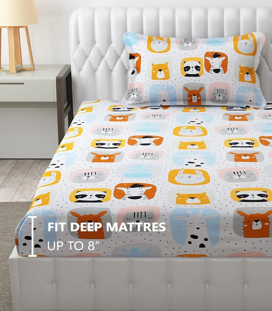 FRESH FROM LOOM Glace Cotton 300 tc Wrinkle Free Soft Hypoallergenic Elastic Fitted Cartoon Printed|Bedsheet For Boys & Girls Room |Cream/Panda), Smallsingle