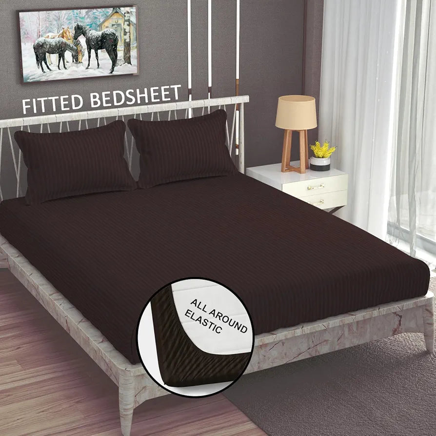 Homefab India 160 TC Stripe Cotton Feel Glace Cotton Elastic Fitted King Size Double Bed Bedsheet with 2 Pillow Covers Fits Upto 6 inches Mattress, Size-72X78 inches, Brown