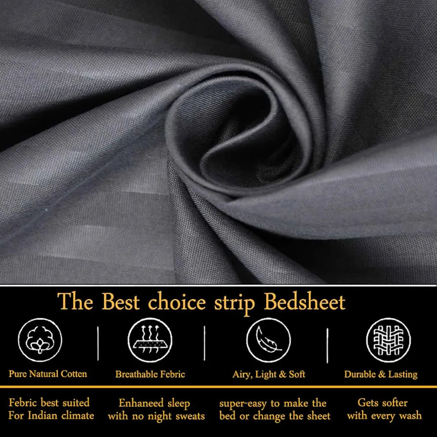 FRESH FROM LOOM 144 TC Microfiber Wrinkle Resistant|Soft Skin Safe|Breathable Queen Size Flat Striped Bedsheets|Hotel & Home|Double Bedsheet Set with 2 Pillow Covers 