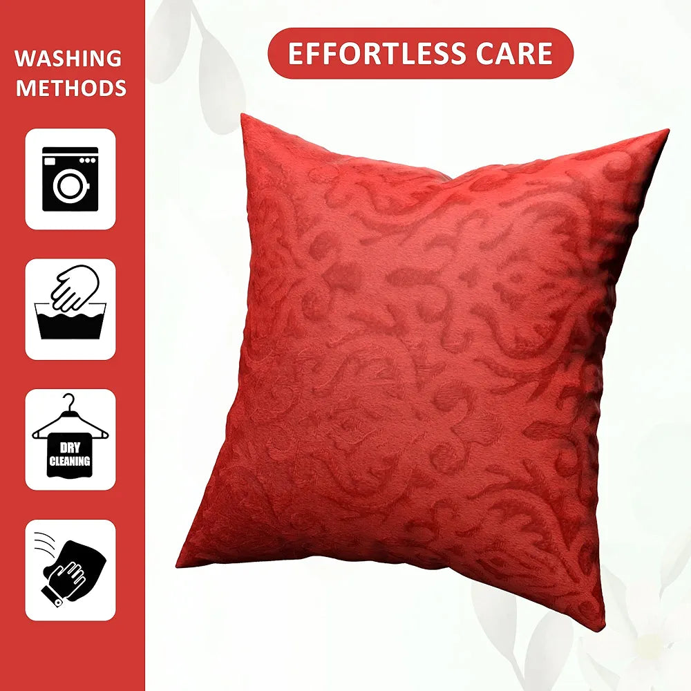 Kuber Industries Set of 5  Washable & Removable Velvet Sofa Pillow Covers with Zip | Soft Sofa Cushion Covers for Home & Bedroom Interiors | Floral Design - Red