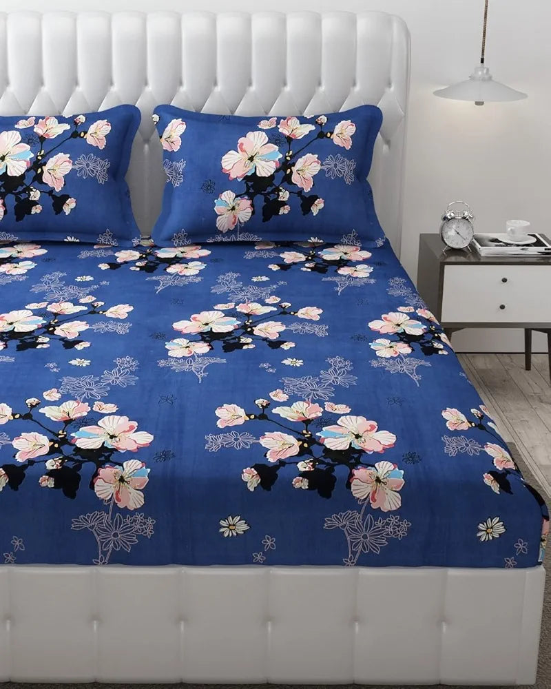 FRESH FROM LOOM Rotary Printed King Size Double Bedsheet-Hypoallergenic,Wrinkle Free Microfiber Bed Sheets With 2 Pillow Covers,144 TC,Blue