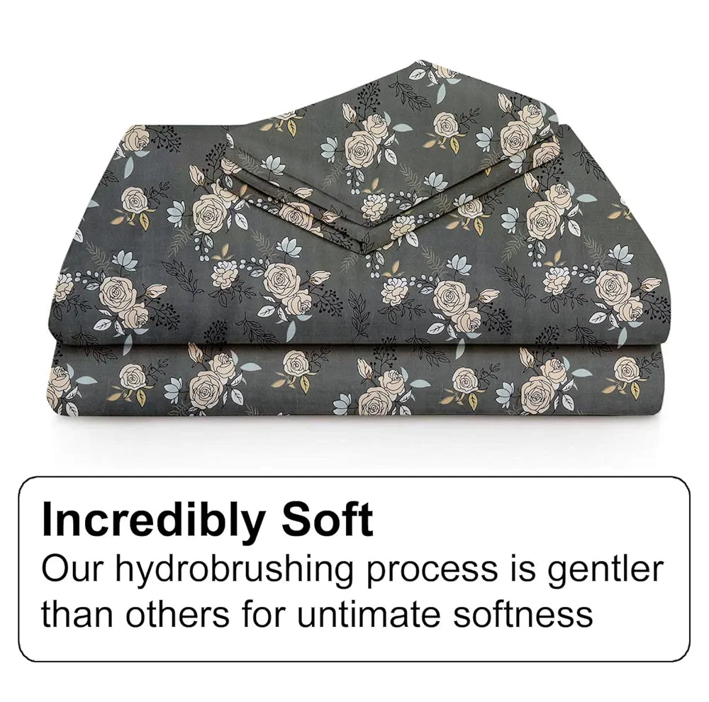 FRESH FROM LOOM King Size Microfiber Fitted Bedsheet Set with Floral Print - 240 TC, Anti Fade, 2 Pillow Covers  | Rose-Oslo-Grey)