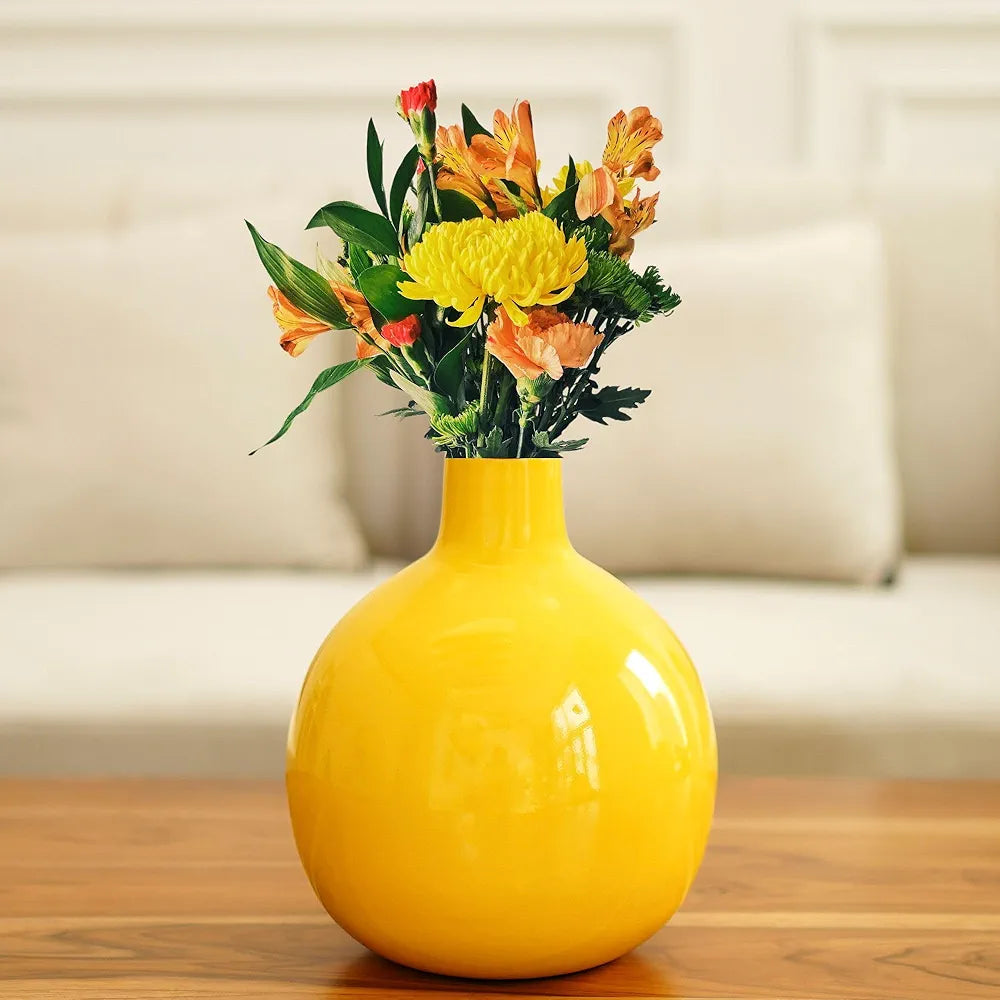 BEHOMA Metal Flower Vase for Home Dcor Living Room Office Wedding| Table Decorative Item for Festivals Birthday Sunshine Yellow 1Pcs 
