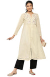 Janasya Women's Off White Dobby Cotton Solid A-Line Kurta