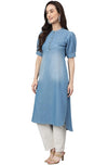 Janasya Women's Light Blue Denim Solid High Low Kurta