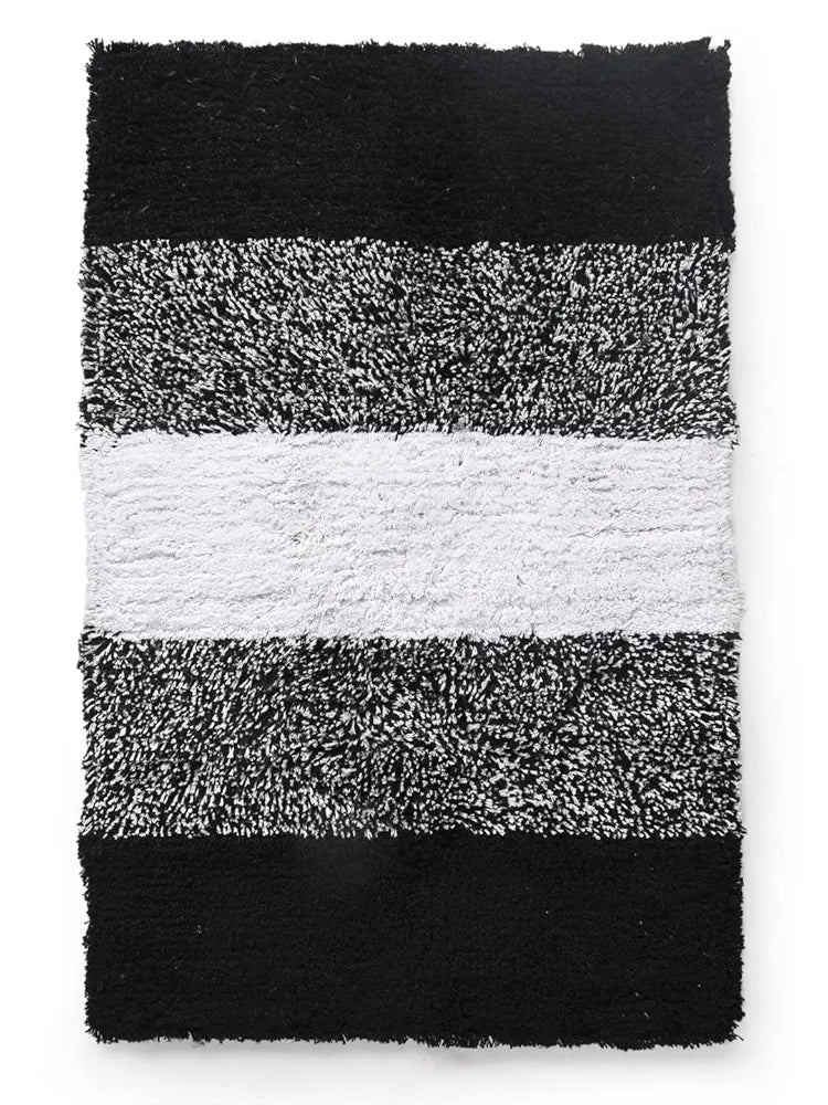SASHAA WORLD Striped Black/White Bath Mat | Tufted Weave, Ultra-Soft & Absorbent with Anti-Skid Latex Backing, Ideal for Bedroom, Hotels, Feet-Spa Club & Bathroom, Durable & Easy to Clean | 50x80 cm