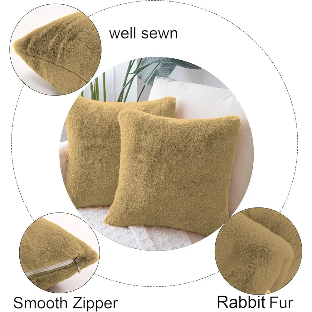 Luxe Home Cushion Cover 16 inch x 16 inch Duble Side Rabbit Fur Plain Design Covers Set of 2 for Sofa, Bedroom, livingroom 