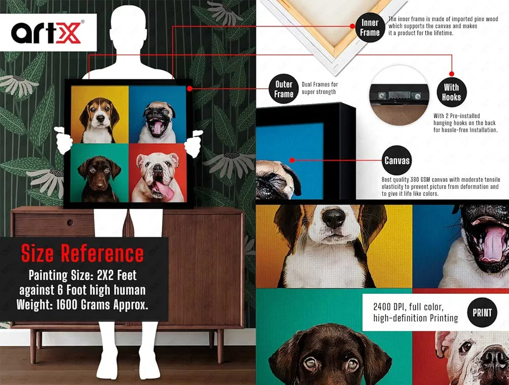 ArtX Four Dog Popart Big Canvas Painting For Bedroom and Living Room With Frame, Multicolour, Square, 24.0 x 24.0 inch, 2x2 Feet, Set Of 1