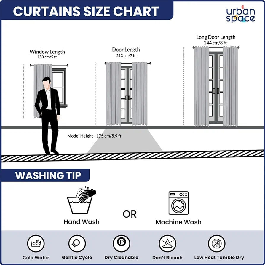 Urban Space 100% Cotton Curtains for Door, Combo Set of 3 Curtains 7 feet Long, 60-65% Room Darkening Curtain, Tieback & Eyelets Included with Curtains for Home Decor 