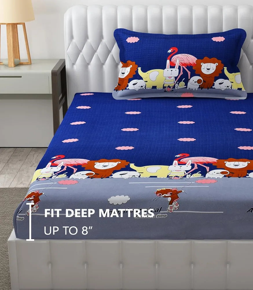 FRESH FROM LOOM Glace Cotton 300 tc Wrinkle Free Soft Hypoallergenic Elastic Fitted |Cartoon Printed Bedsheets For Kids With 1 Pillow |Jungle/Blue), Smallsingle