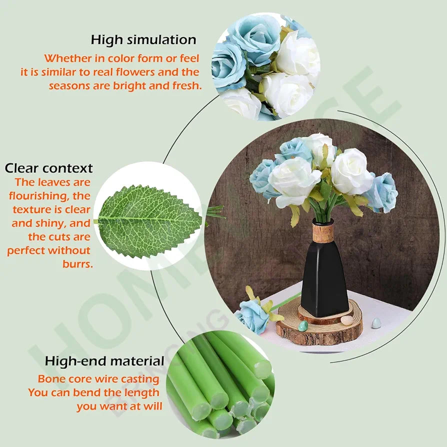 HOMEVERSE 6pcs Blue+6pcs White| Artificial Rose Fake Silk Plants Wedding Valentines Birthday Anniversary Christmas Mothers Day 