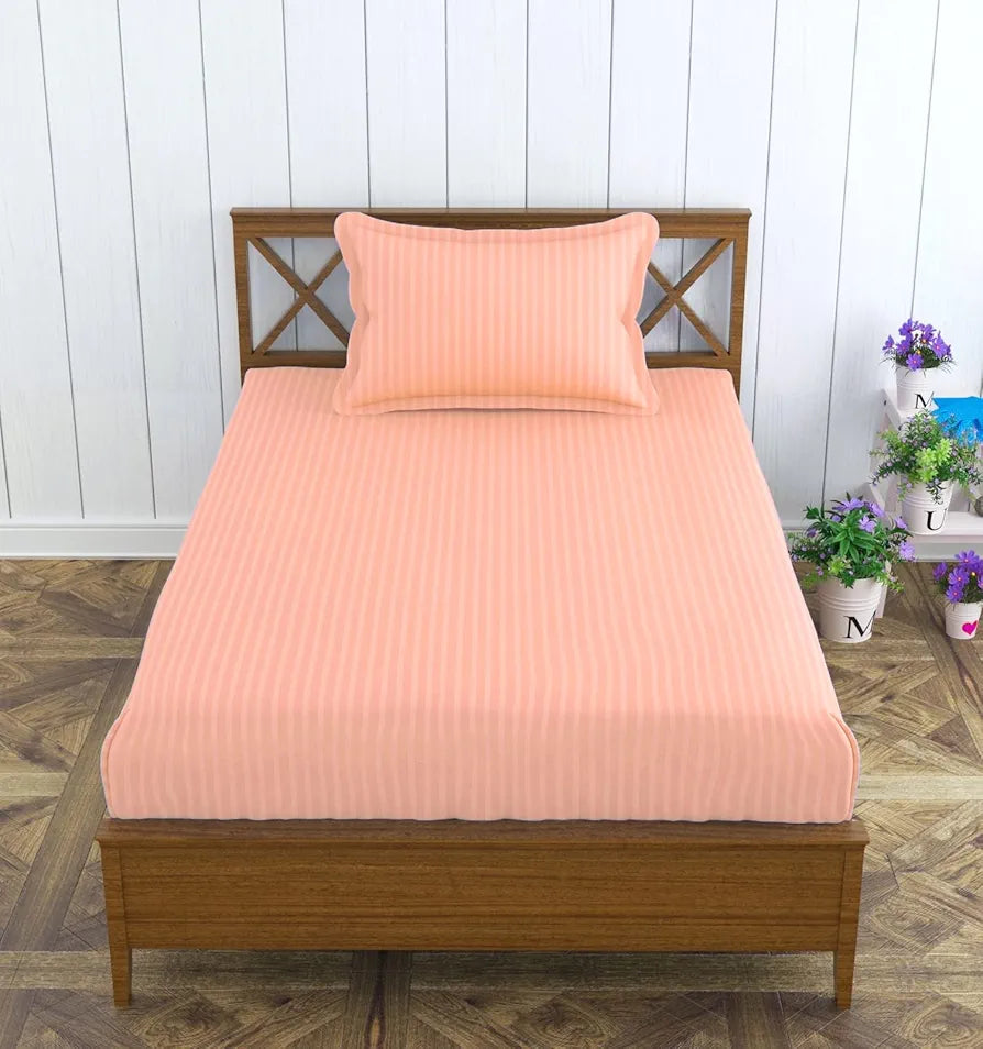 Trance Home Linen 100% Cotton 78x36 inch Single Fitted 200TC Satin Stripe Elastic Fitted Bedsheet | Single Bed Size Daily use Fitted Bedspread with 1 Pillow Covers 