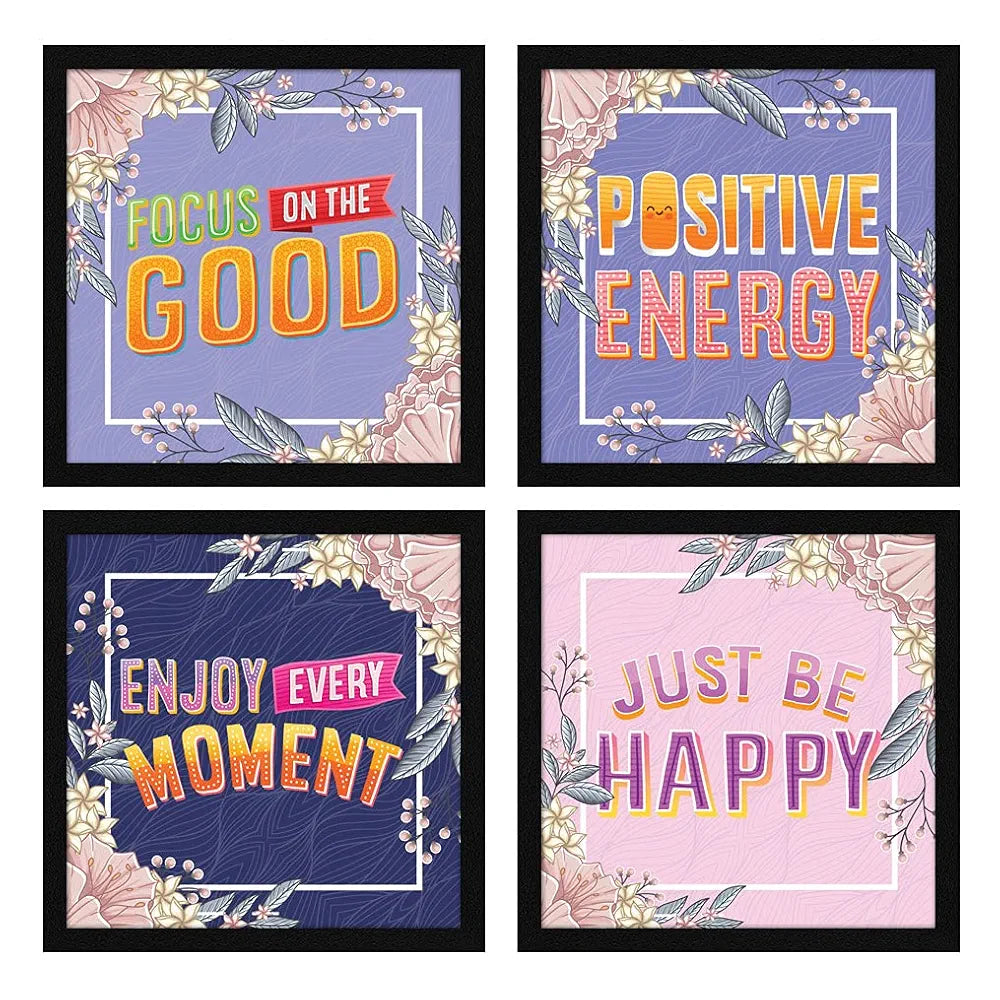 ArtX Paper Motivational Quotes Be Happy Wall Art Painting, Framed Paintings For Home Office Decor 20 X 20 inches, 10.0 X 10.0 each, Multicolor Posters With Frame, Set of 4