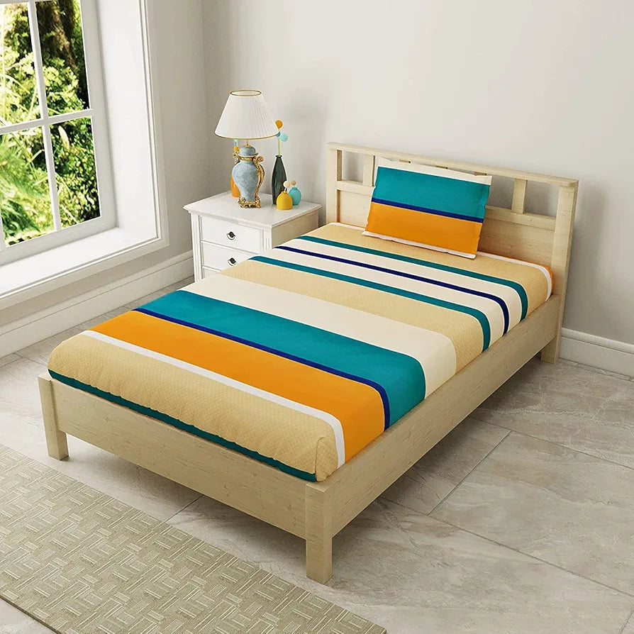 THE HOME STYLE Cotton Feel Glace Cotton Elastic Fitted All Around Printed Full Length Single Bed Bedsheet With 1 Pillow Cover 