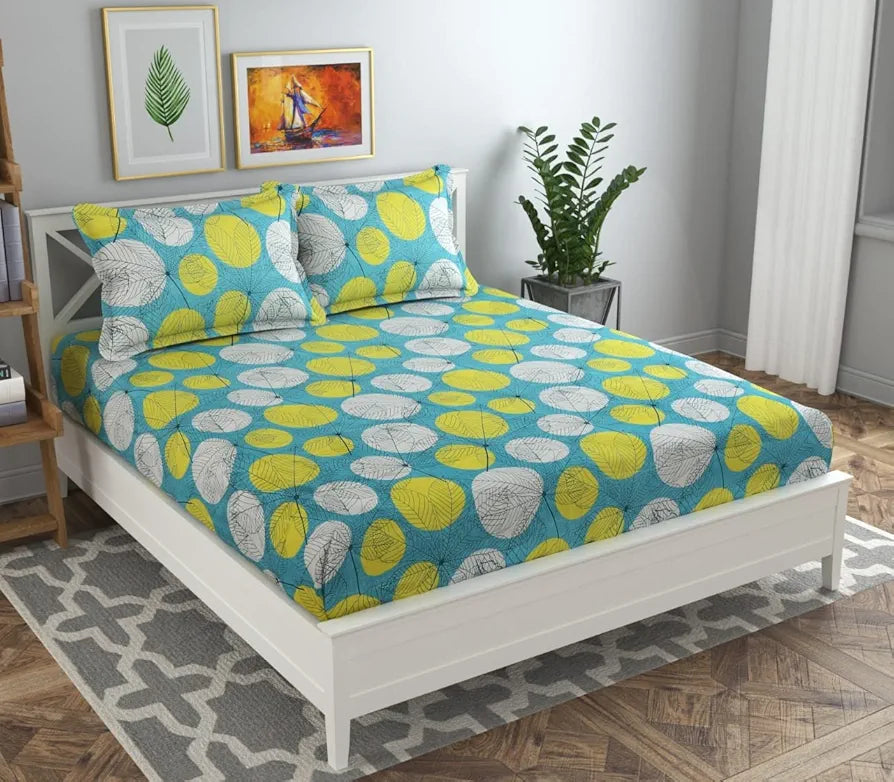 100% Microfiber bedsheet for Double Bed with 2 Pillow Covers Breathable | Wrinklefree and Soft Touch 144 TC Pattren Floral Light Green White| TC - 144