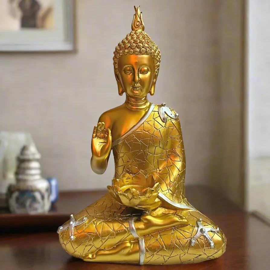 ALILA Golden Meditating Buddha Statue Idol for Home Living Room Decor Office Corporate Gift, 9 Inches