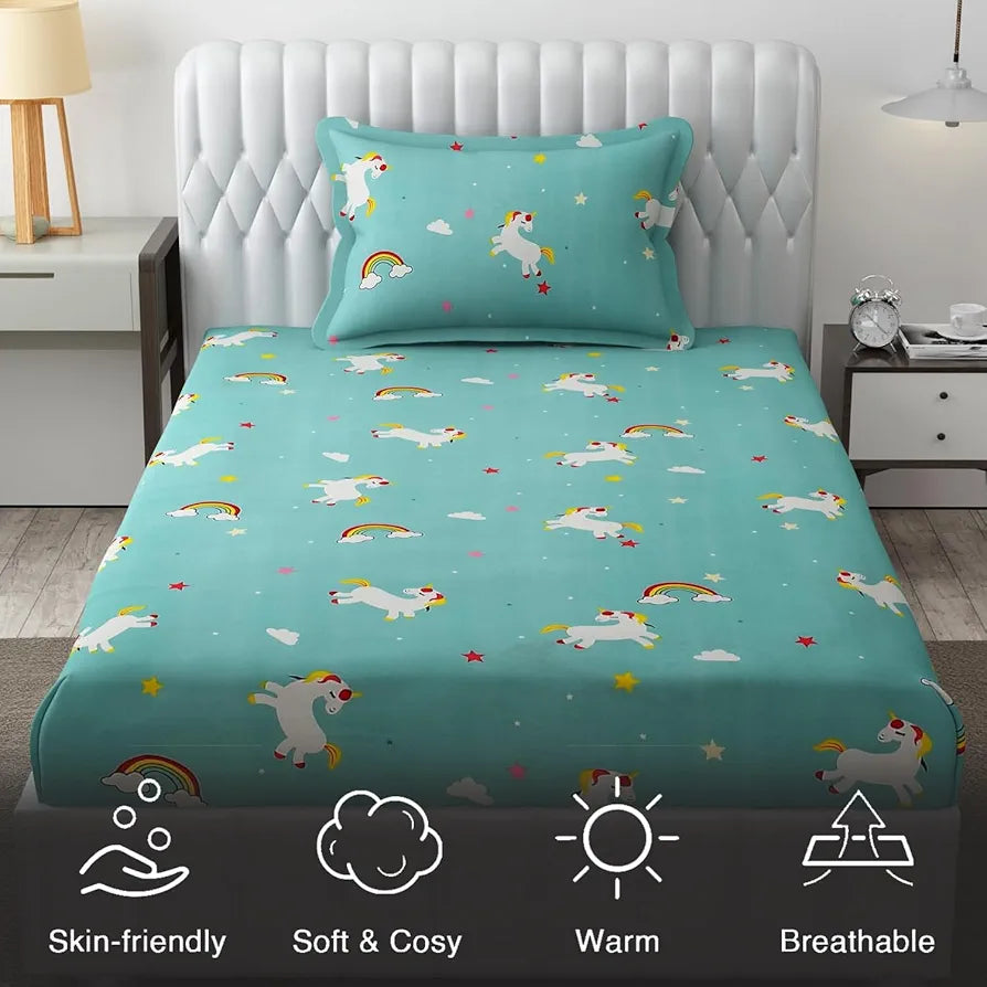 FRESH FROM LOOM Cartoon Wrinkle Free Microfiber Bedsheet For Kids Single Bedsheet With One Pillow Cover , Multicolor, 144 TC