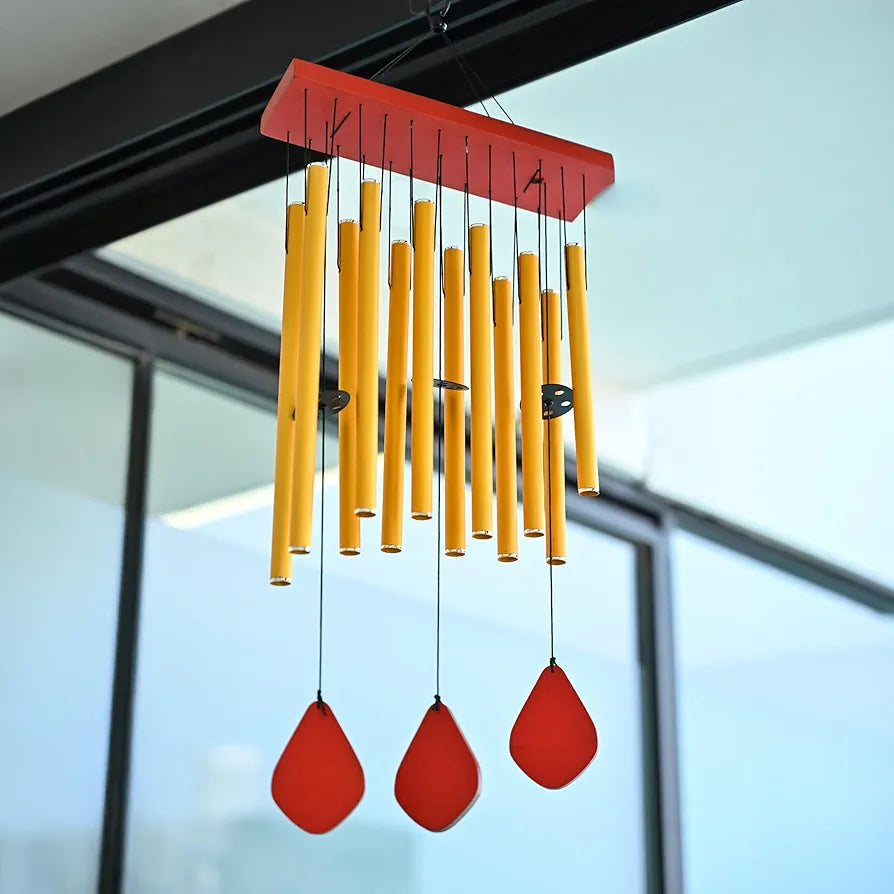 ZAICUS Wind Chimes for Home – Yellow Metal Pipes with Wooden Danglers | Home Decor Items for Balcony, Garden & Living Room