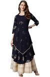 Janasya Women's Navy Blue Poly Crepe Floral Print Flared Kurta