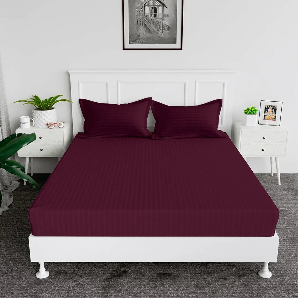 Kuber Industries Double Bedsheet with 2 Pillow Covers | 144 TC Glace Cotton Bedsheet | Satin Striped Bedsheet for Home | Hotel | Bedroom | 90x100 Inch | Maroon