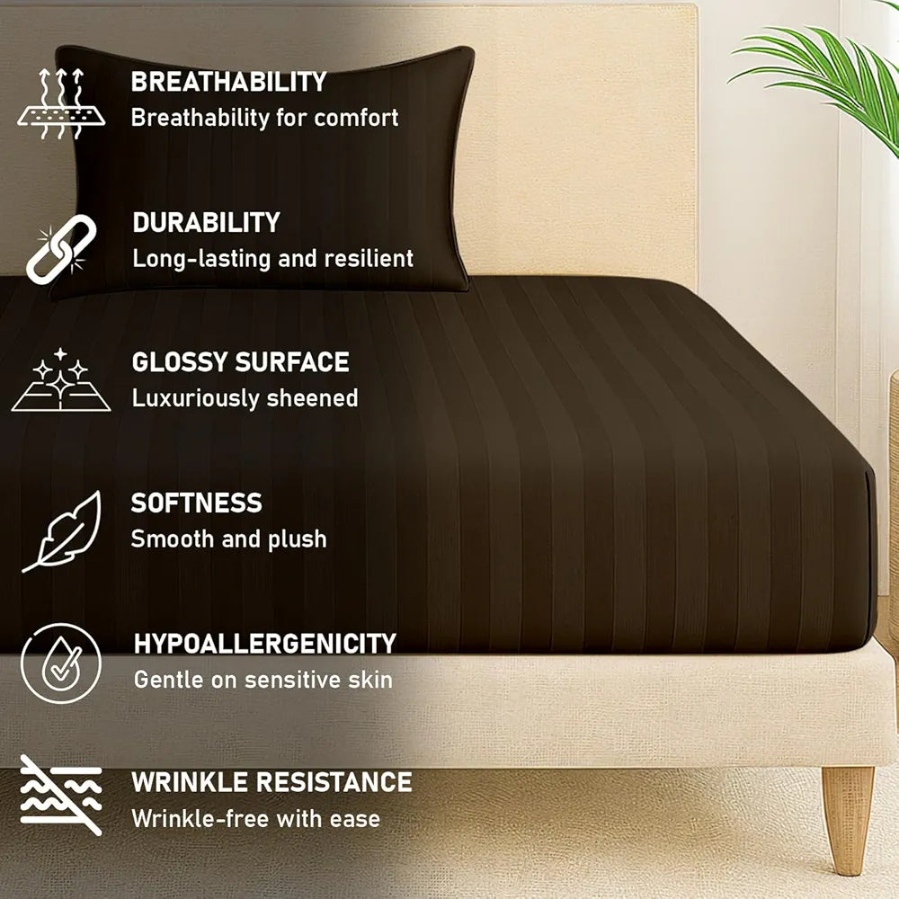 Cloth Fusion Elastic Fitted Glace Cotton Satin Striped Bedsheet Single Size with 1 Pillow Cover 