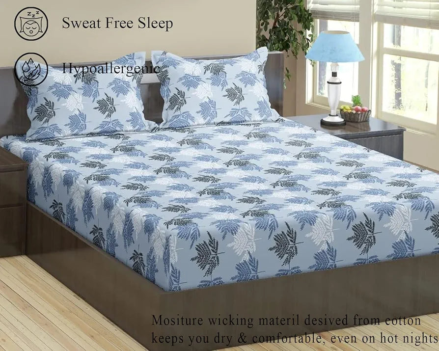 Trance Home Linen Pure 100% Cotton 144TC Printed Single Fitted Bedsheet with 1 Pillow Cover 