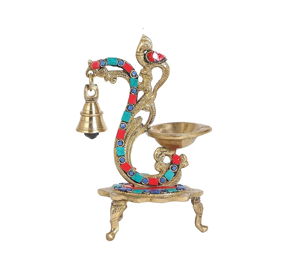 Two Moustaches Gemstone Work Ethnic Carved Peacock Design Brass Diya with Bell , Brass Antique Oil Lamp, Diyas for Home , Size - 8 Inches , Standard , Pack of 1