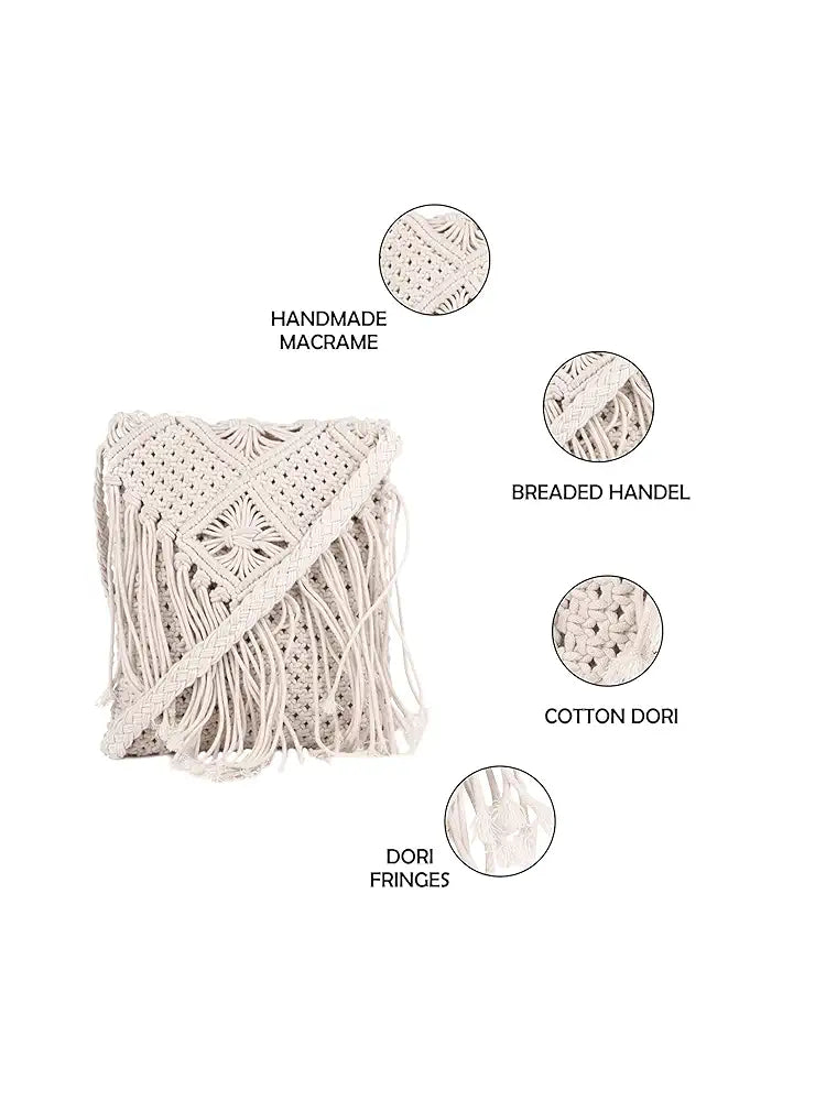 ASTRID Handmade Macrame Flap Over Sling Bag For Girls And Women