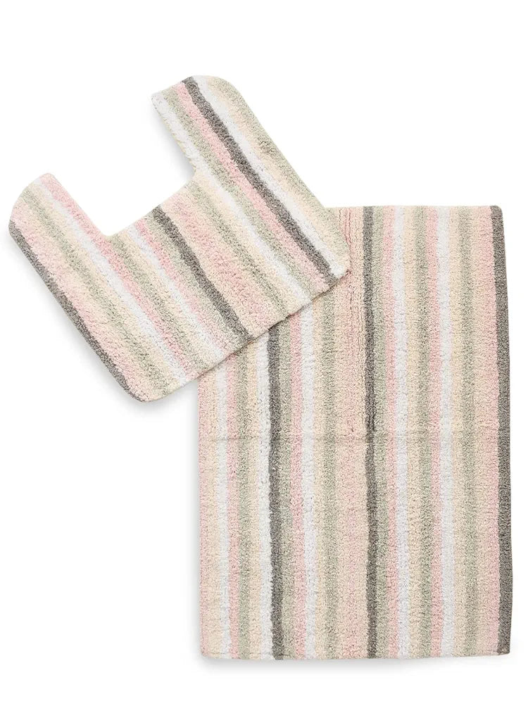SASHAA WORLD Striped Anti-Skid Bathmat & Contour Set | Ultra Soft, Highly Absorbent, Perfect for Bathroom & Home, 2-Piece Set with Rectangle & Contour Mats | 50x80 cm, Peach, White & Grey