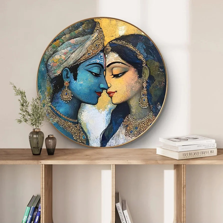 Livin'luxe paintings Krishna and Radha Abstract Wall Painting with Frame - Sparkle Glossy Round Golden Framed Large Painting for Office, Living Room, Bedroom, Home Wall Decoration