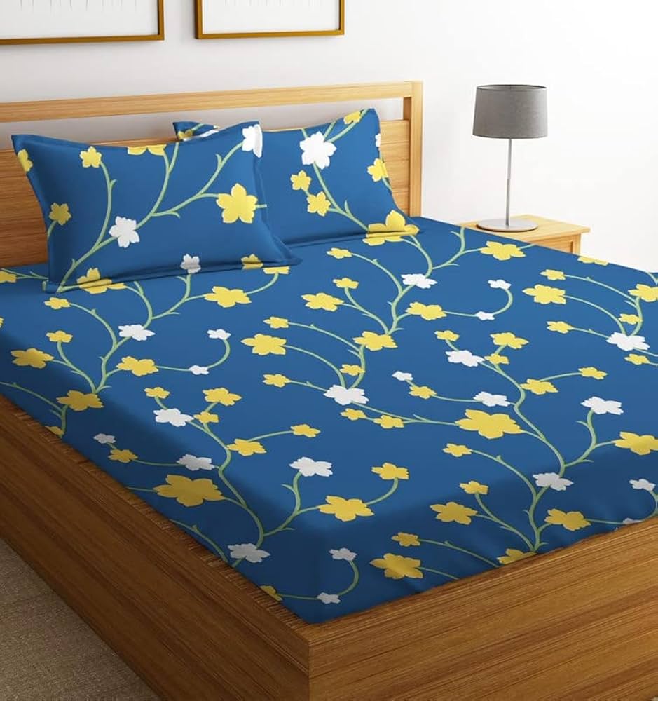 BSB HOME Prime Collections 160tc Pure Microfiber Glace Cotton Breathable Supersoft Wrinkelfree Double Bedsheet with 2 King Size Pillow Covers-Yellow and White